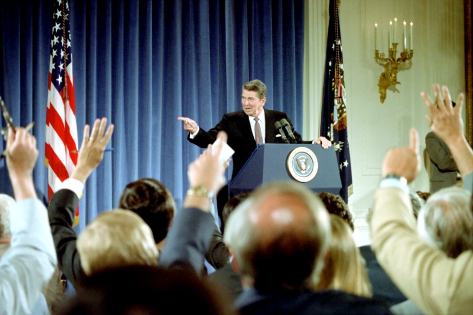 President Ronald Reagan at his 18th press conference in the East Room