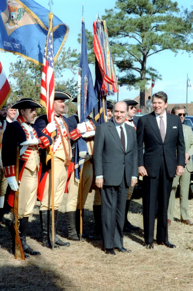 President Ronald Reagan and President Francois Mitterrand of France at the Battle of Yorktown Bicentennial celebration in Virginia