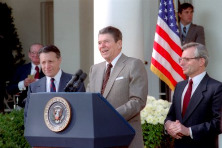 President Ronald Reagan announcing nomination of Frank Carlucci as Secretary of Defense and Colin Powell as National Security Advisor upon the resignation of Caspar Weinberger photo