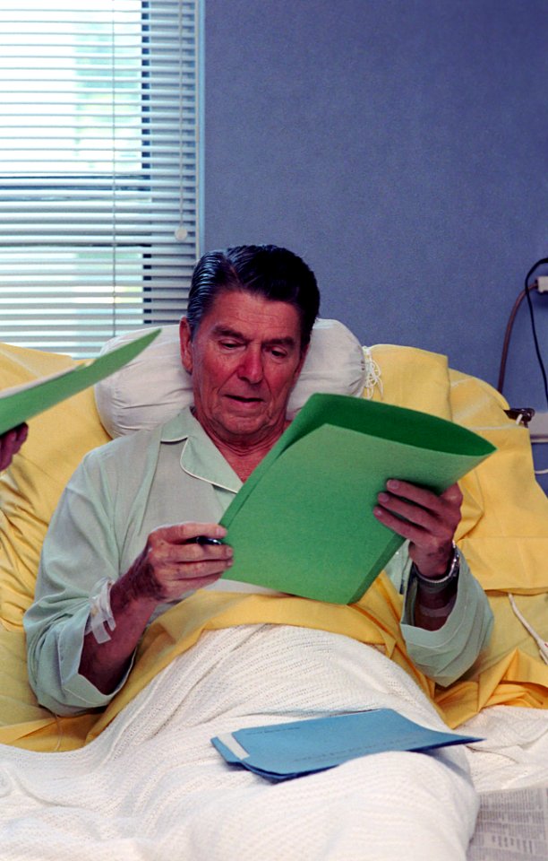 President Ronald Reagan at Bethesda Hospital for surgery to remove a polyp to his colon
