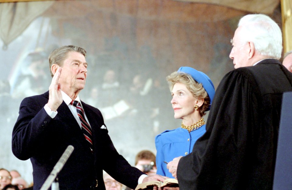 President Ronald Reagan being sworn in by Chief Justice Warren Burger