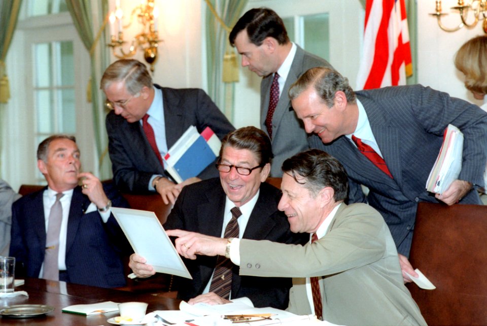 President Ronald Reagan during a cabinet room meeting