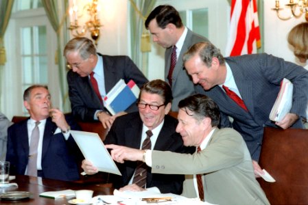 President Ronald Reagan during a cabinet room meeting