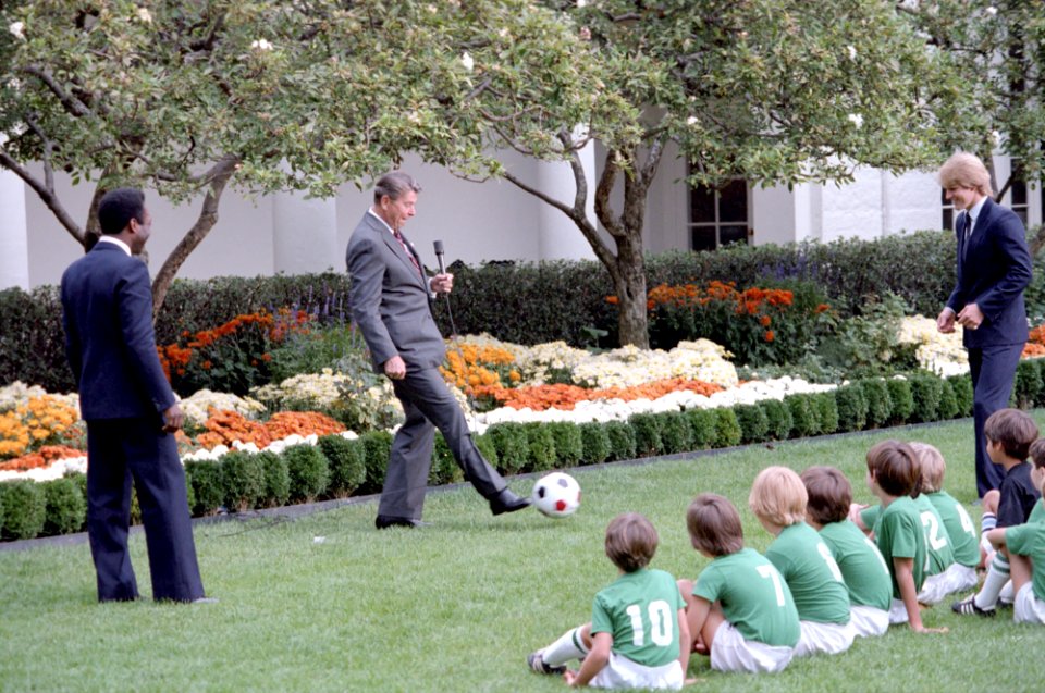 President Ronald Reagan at a soccer demonstration with Pele and Steve Moyers in the Rose Garden