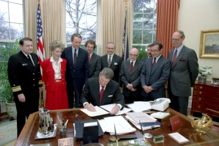 President Ronald Reagan at the signing ceremony for HJ Resolution 85 National Skin Cancer Prevention and Detection Week