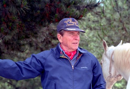 President Ronald Reagan during his trip to Santa Barbara, California at Rancho Del Cielo with his horse El Alamein photo