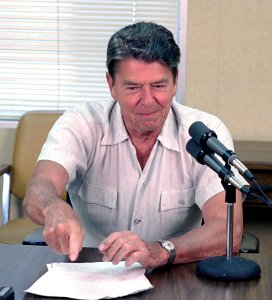 President Ronald Reagan during a radio address to the nation from Rancho del Cielo (cropped)