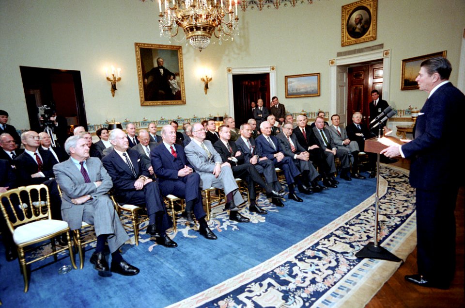 President Ronald Reagan during a briefing and dinner for Administration Officials