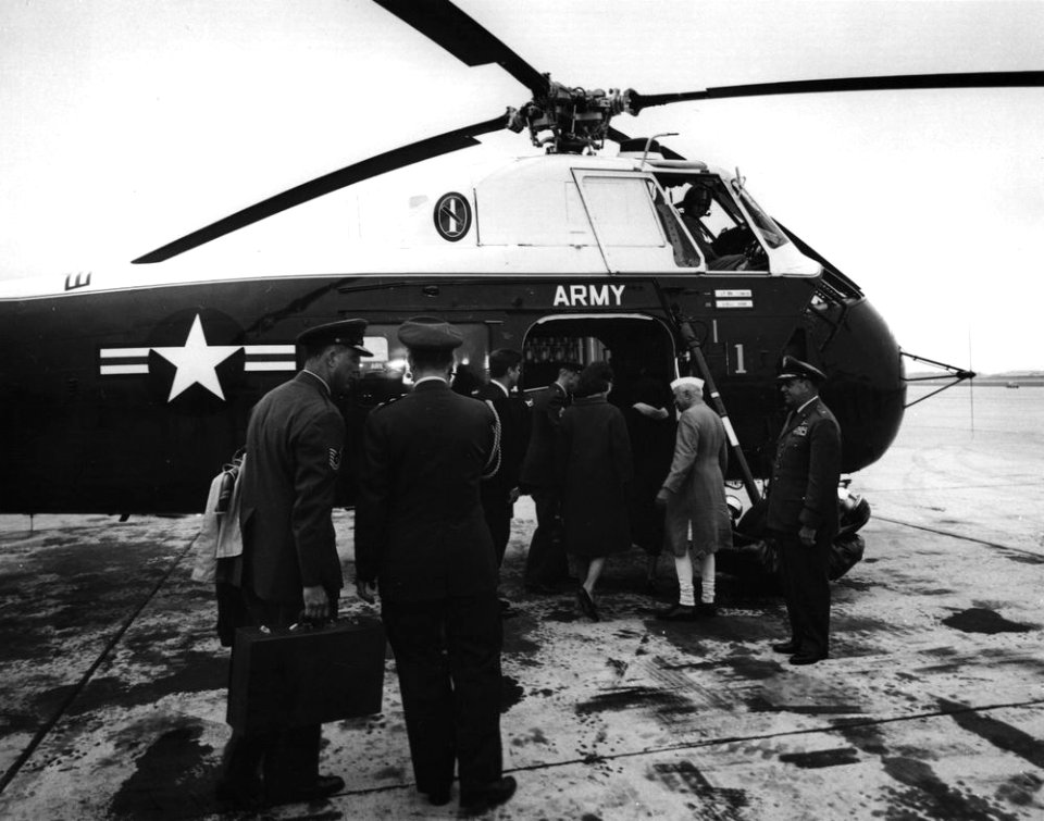 President John F. Kennedy, First Lady Jacqueline Kennedy, Prime Minister of India Jawaharlal Nehru, and Indira Gandhi Depart for the White House