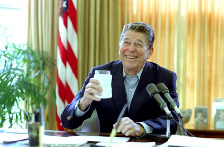 President Ronald Reagan during his Radio Address to the Nation on the Federal Budget in the Oval Office photo