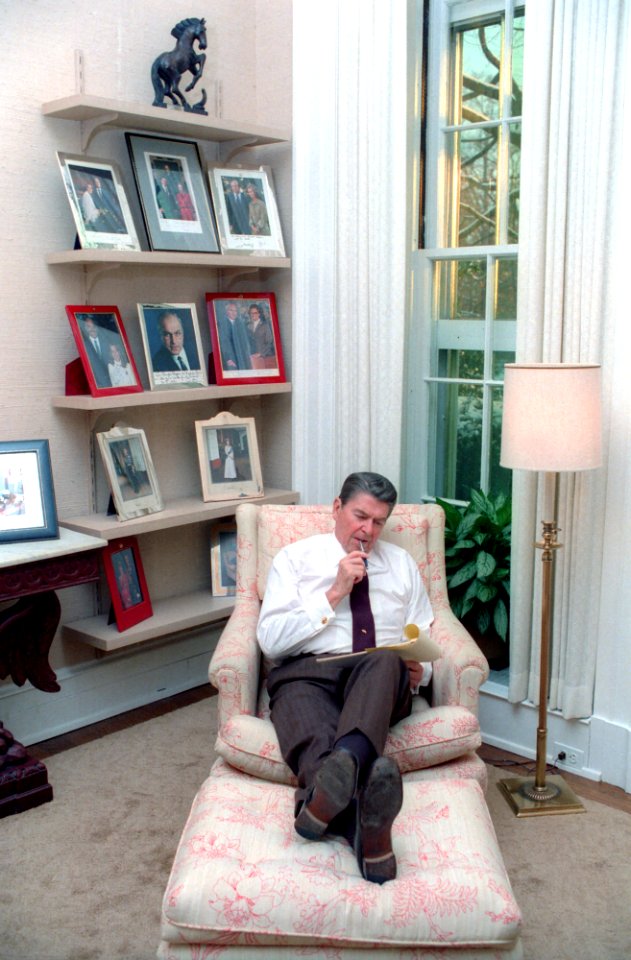 President Ronald Reagan drafting the 1985 Inaugural Address in the Oval Office Study
