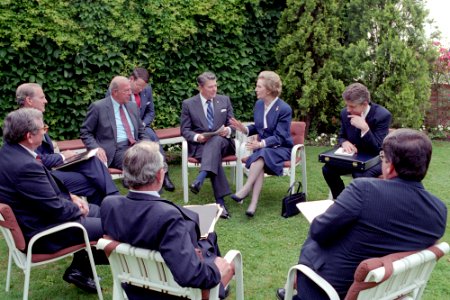 President Ronald Reagan during a trip to Italy and a Bilateral Meeting with Prime Minister Margaret Thatcher of the United Kingdom photo