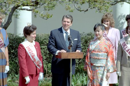 President Ronald Reagan Greeting the 1984 Cherry Blossom Princesses in the White House Rose Garden (04) photo