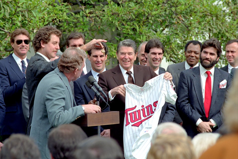 President Ronald Reagan during a ceremony to congratulate the Minnesota Twins Baseball Team