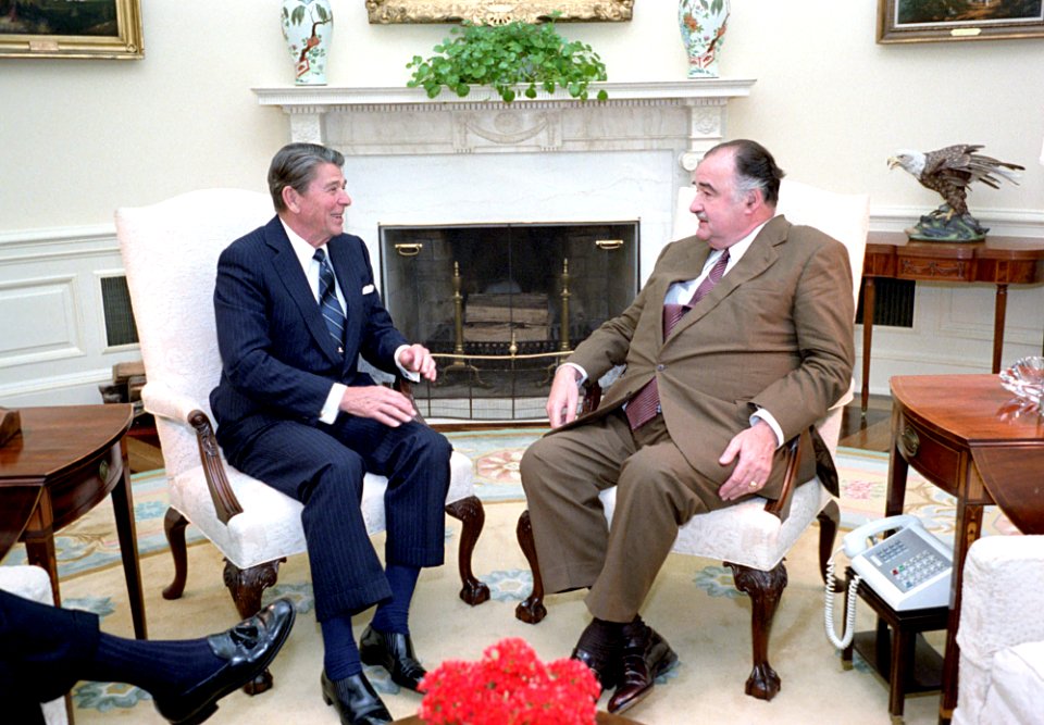 President Ronald Reagan during a meeting with Alexandre de Marenches in the Oval Office