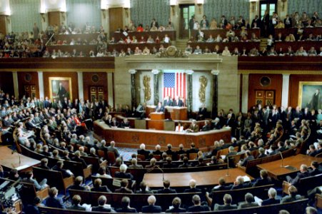 President Ronald Reagan gives the State of the Union Address to Congress photo