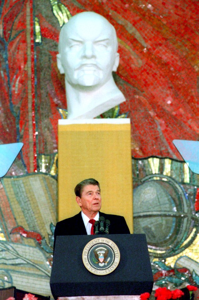 President Ronald Reagan giving a speech at Moscow State University in the USSR