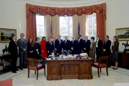 President Ronald Reagan During a Photo Op with The Office of Policy Development Members
