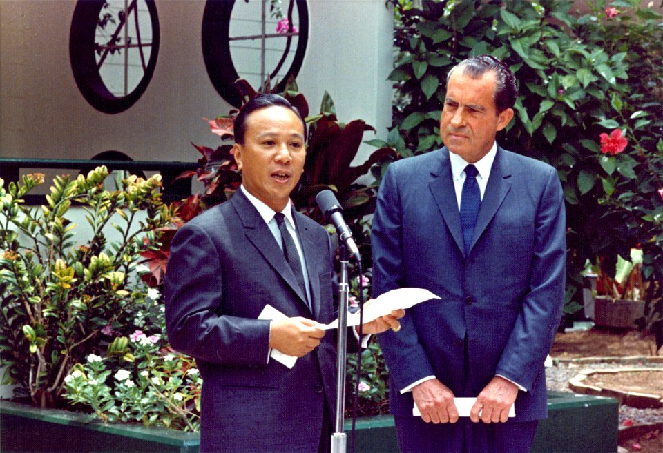 President Richard Nixon and South Vietnam's President Nguyen Van Thieu Making a Joint Statement at Midway Island