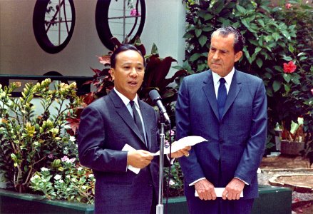 President Richard Nixon and South Vietnam's President Nguyen Van Thieu Making a Joint Statement at Midway Island photo