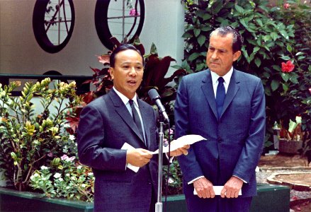 President Richard Nixon and South Vietnam's President Nguyen Van Thieu Making a Joint Statement at Midway Island