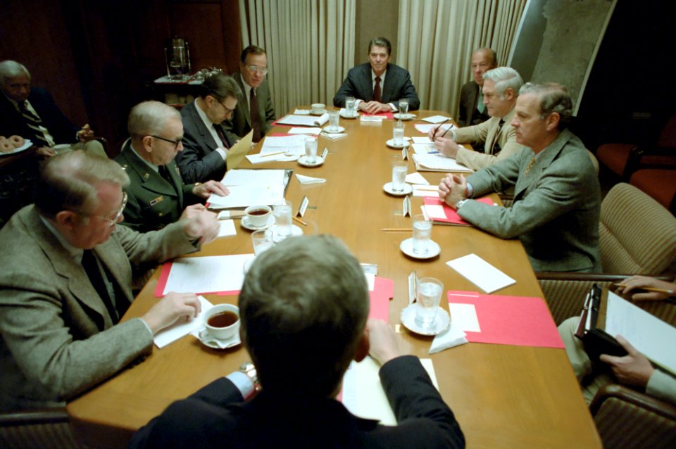 President Ronald Reagan in a National Security Planning Group Meeting in the Situation Room