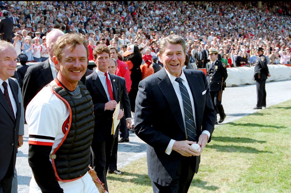 President Ronald Reagan attending opening day game of the 1984 Baseball Season at Memorial Stadium between the Baltimore Orioles and Chicago White Sox