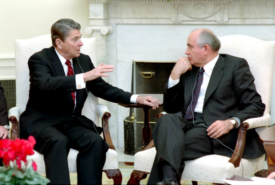 President Ronald Reagan and Soviet General Secretary Mikhail Gorbachev having their first meeting in the Oval Office