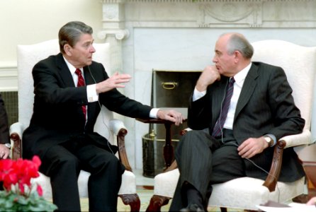 President Ronald Reagan and Soviet General Secretary Mikhail Gorbachev having their first meeting in the Oval Office