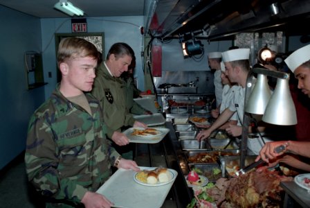 President Ronald Reagan in the food line during his trip to the Demilitarized Zone