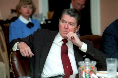 President Ronald Reagan at a Domestic Policy Meeting in the Roosevelt Room