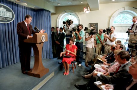 President Ronald Reagan giving a press briefing photo