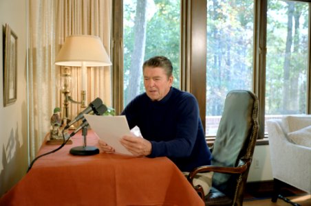 President Ronald Reagan makes a radio address to the nation from Camp David