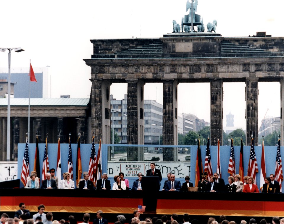 President Reagan giving a speech at the Berlin Wall, Brandenburg Gate, Federal Republic of Germany. June 12, 1987