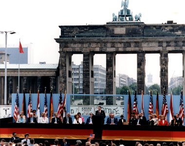 President Reagan giving a speech at the Berlin Wall, Brandenburg Gate, Federal Republic of Germany. June 12, 1987