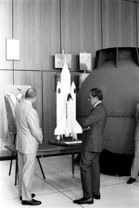 President Richard Nixon Examining a Model of the Space Shuttle at the Lyndon B. Johnson Space Center, NASA Space Museum and Orientation Center in Houston, Texas