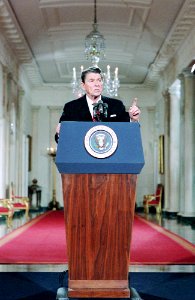 President Ronald Reagan during his 24th Press Conference in the East Room