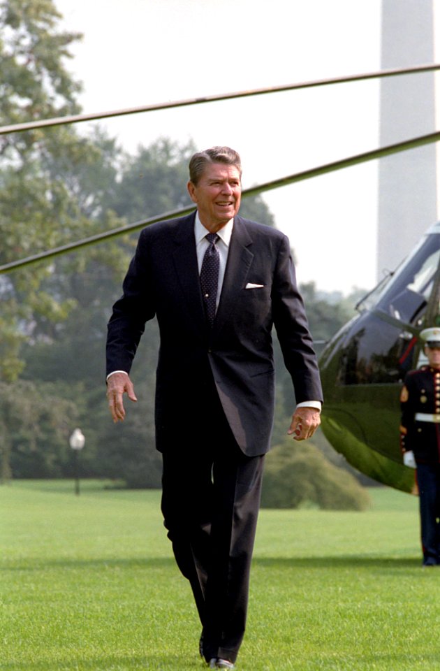 President Ronald Reagan during his arrival via Marine One to the White House on the South Lawn