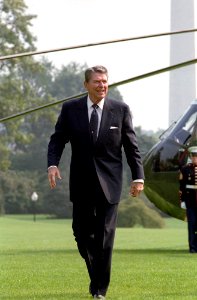 President Ronald Reagan during his arrival via Marine One to the White House on the South Lawn