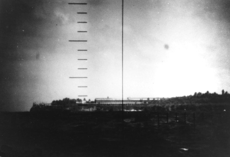 Refinery on Fais island seen through the periscope of USS Wahoo (SS-238) on 27 January 1943