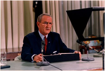 President Lyndon B. Johnson speech re bombing halt and decision not to run for re-election - NARA - 192620 photo