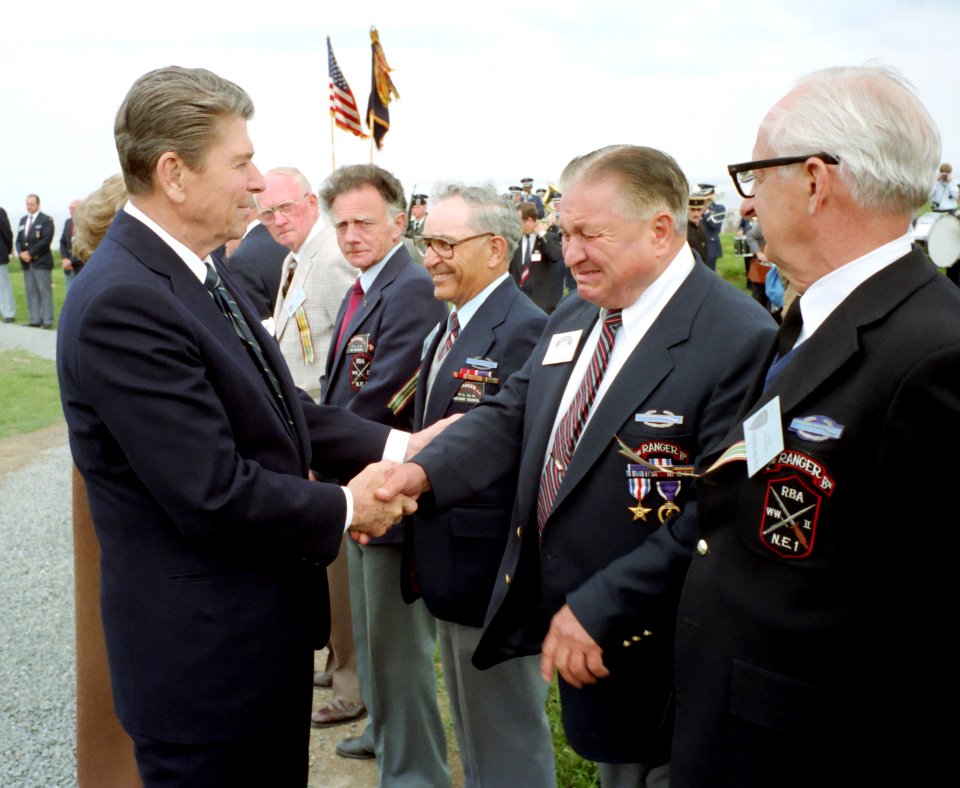 President Ronald Reagan greeting former United States Rangers (cropped)
