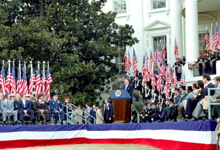 President Ronald Reagan at a White House Ceremony and Reception for freed American hostages held in Iran