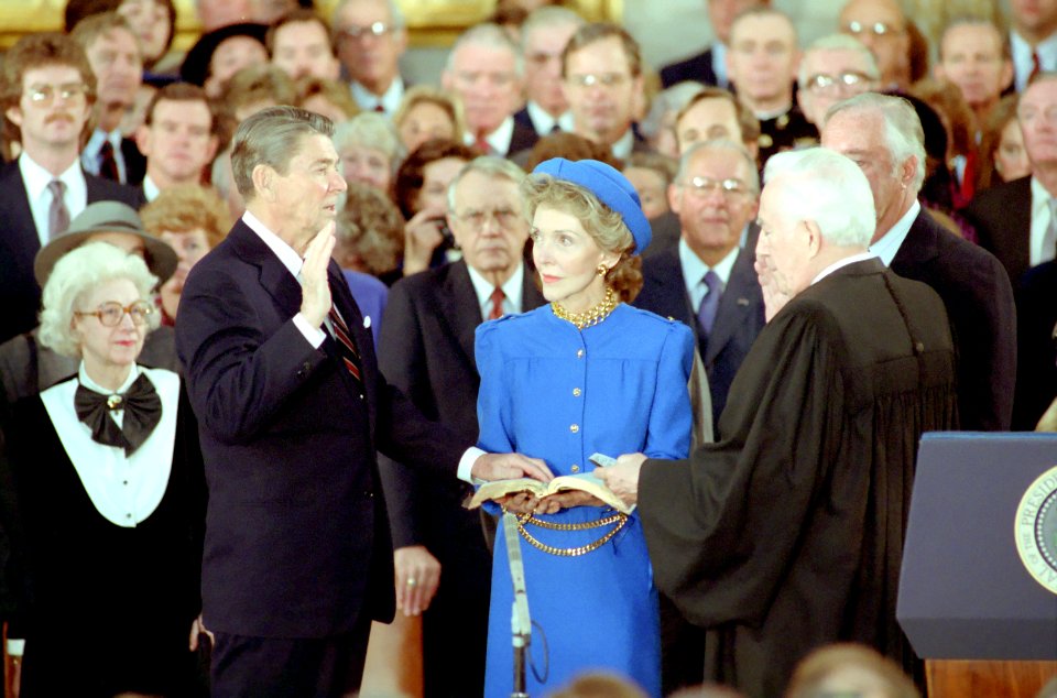 President Ronald Reagan Being Sworn in for a Second Term by Chief Justice Warren Burger as Nancy Reagan Observes in the United States Capitol Rotunda