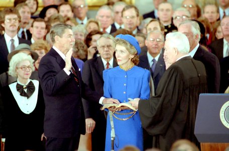 President Ronald Reagan Being Sworn in for a Second Term by Chief Justice Warren Burger as Nancy Reagan Observes in the United States Capitol Rotunda