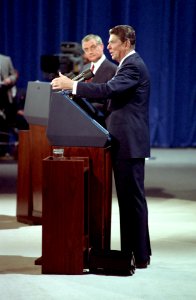 President Ronald Reagan and Walter Mondale during the presidential debate on foreign policy in Louisville, Kentucky