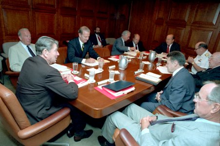 President Ronald Reagan during a National Security Planning Group Meeting