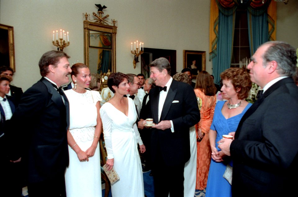 President Ronald Reagan during a state dinner for President Julio Maria Sanguinetti of Uruguay