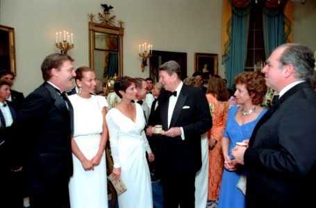 President Ronald Reagan during a state dinner for President Julio Maria Sanguinetti of Uruguay