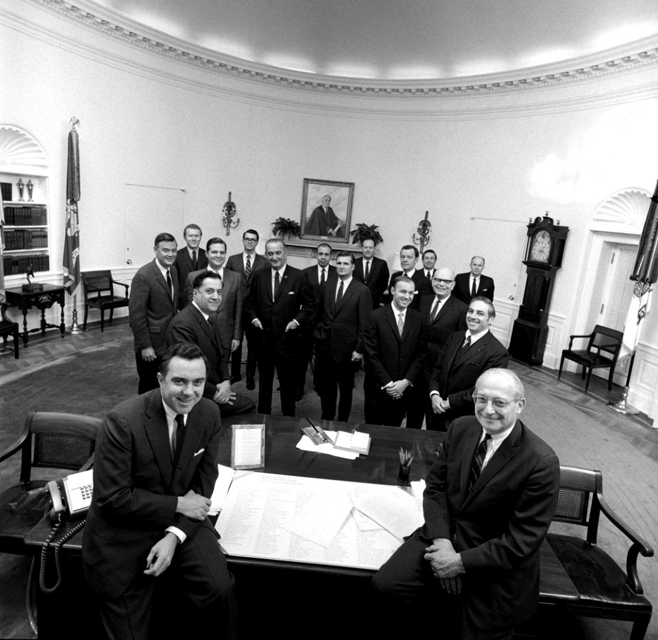 President Johnson posing with staff 1969